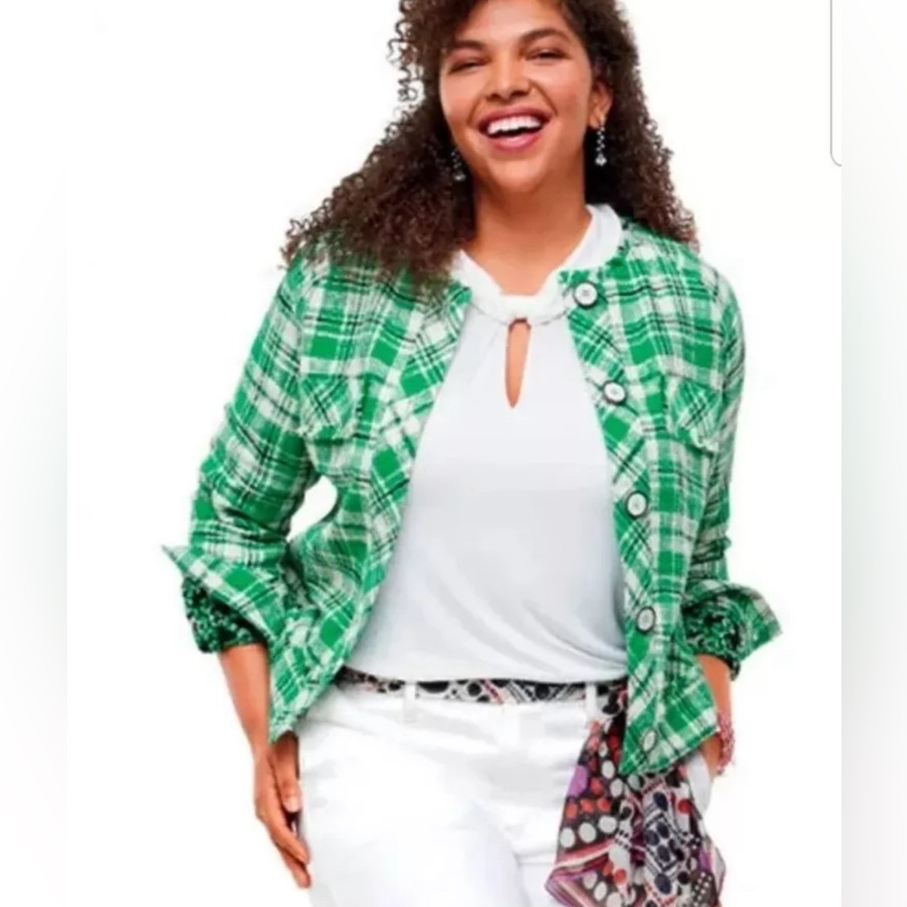 CAbi Green White Plaid Cropped Blazer
